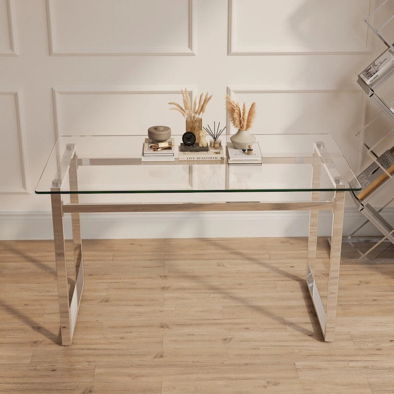 Modern Minimalist Rectangular Glass Dining Table for 4-6 with 0.31 Tempered Glass Tabletop and Silver Chrome Metal Legs