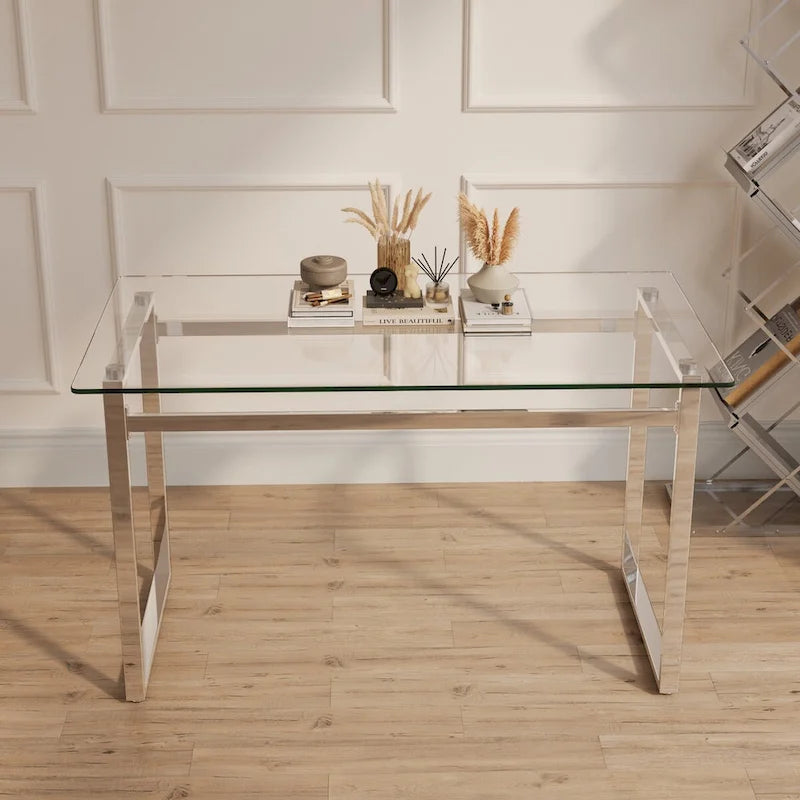 Modern Minimalist Rectangular Glass Dining Table for 4-6 with 0.31 Tempered Glass Tabletop and Silver Chrome Metal Legs