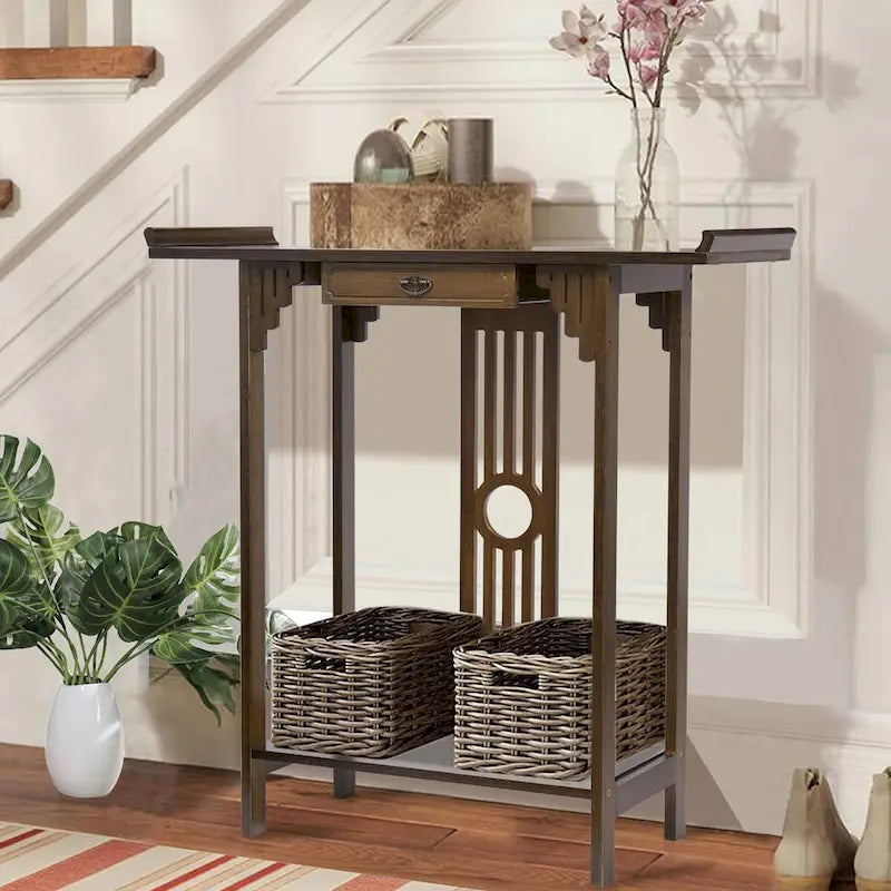 Classic Console Table with Drawer Bottom Shelf for Entryway Foyer