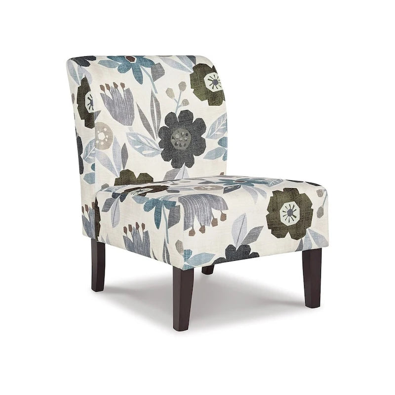 Rima Accent Chair, Ivory Gray Floral Pattern Polyester Cushion, Black Wood