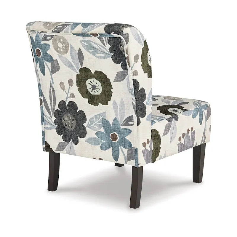 Rima Accent Chair, Ivory Gray Floral Pattern Polyester Cushion, Black Wood