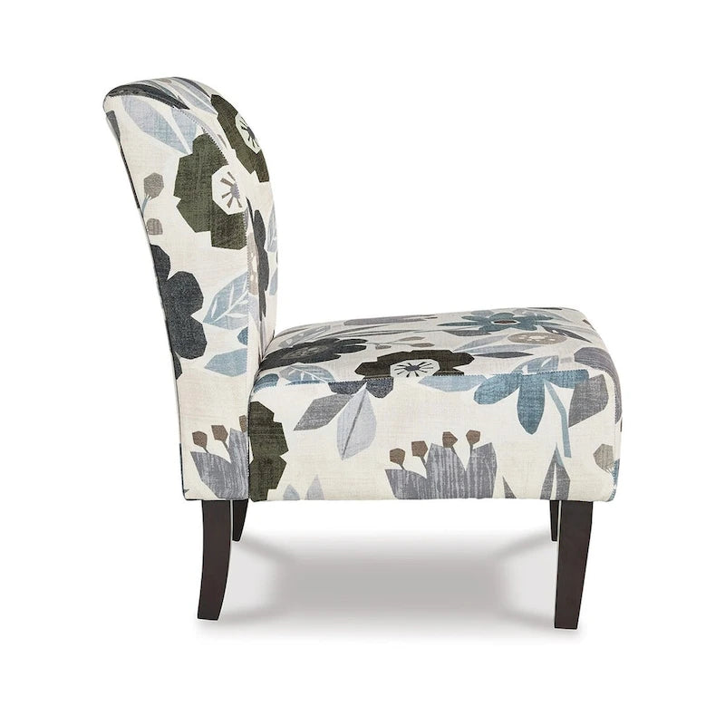 Rima Accent Chair, Ivory Gray Floral Pattern Polyester Cushion, Black Wood