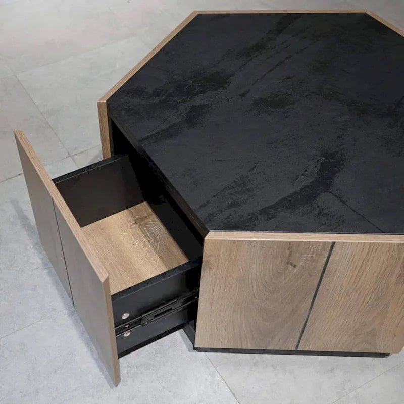2 PCS Light Oak Hexagonal Tea Table with Drawers for Living Room