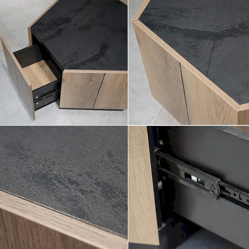 2 PCS Light Oak Hexagonal Tea Table with Drawers for Living Room