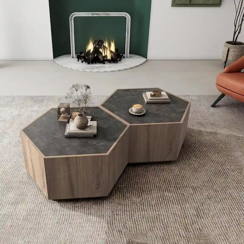 2 PCS Light Oak Hexagonal Tea Table with Drawers for Living Room