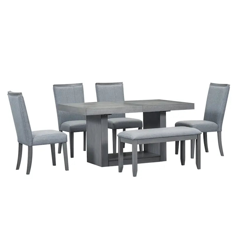 6-Piece 78inch Extendable Pedestal Dining Table Set with 18inch Removable Leaf and Dining Bench, 4 Upholstered Dining Chairs