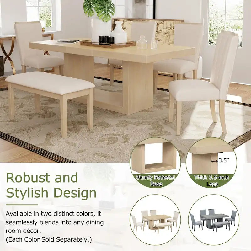 6-Piece 78inch Extendable Pedestal Dining Table Set with 18inch Removable Leaf and Dining Bench, 4 Upholstered Dining Chairs