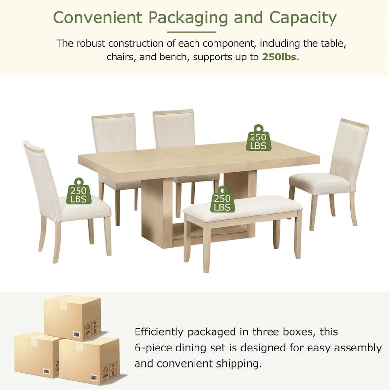 6-Piece 78inch Extendable Pedestal Dining Table Set with 18inch Removable Leaf and Dining Bench, 4 Upholstered Dining Chairs