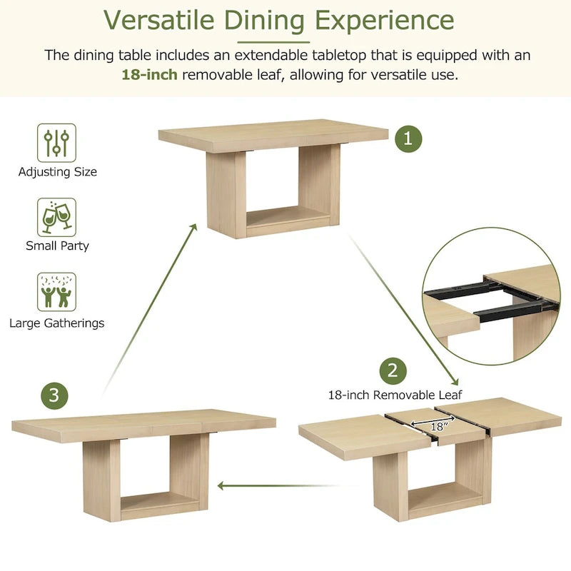 6-Piece 78inch Extendable Pedestal Dining Table Set with 18inch Removable Leaf and Dining Bench, 4 Upholstered Dining Chairs
