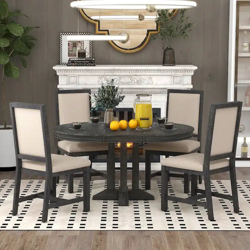 5-Piece Dining Set Extendable Round Table and 4 Upholstered Chairs Farmhouse Dining Set for Kitchen, Dining Room
