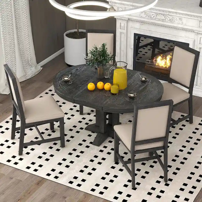 5-Piece Dining Set Extendable Round Table and 4 Upholstered Chairs Farmhouse Dining Set for Kitchen, Dining Room