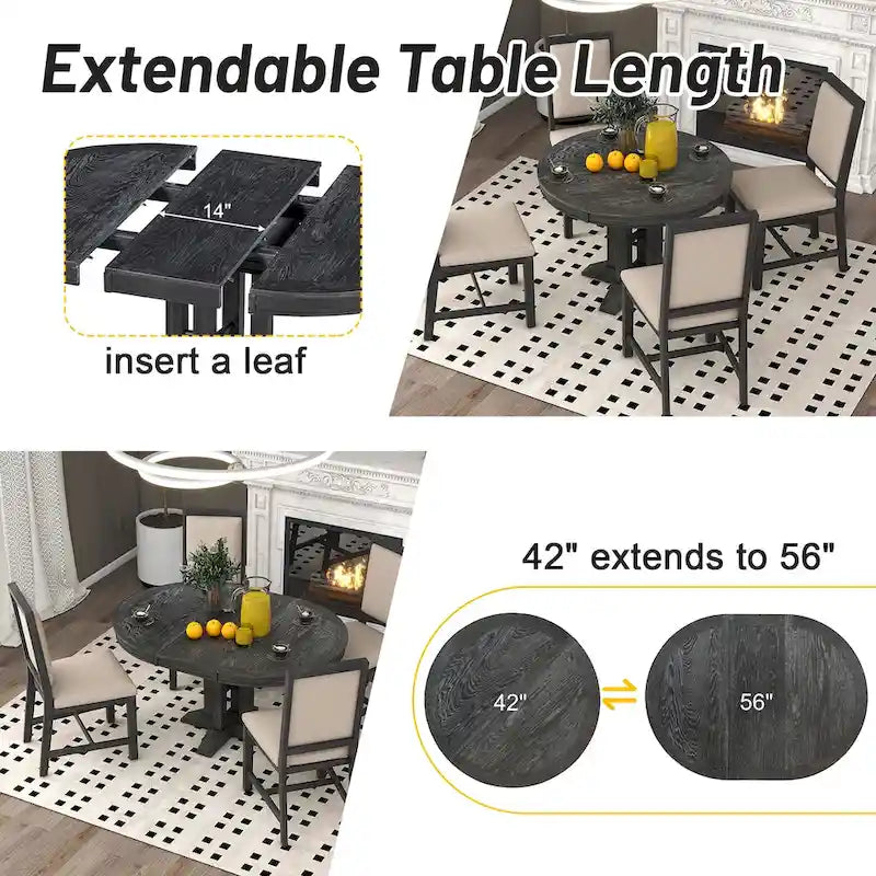 5-Piece Dining Set Extendable Round Table and 4 Upholstered Chairs Farmhouse Dining Set for Kitchen, Dining Room