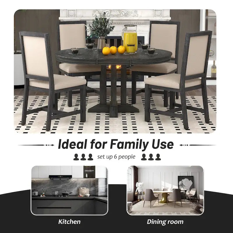 5-Piece Dining Set Extendable Round Table and 4 Upholstered Chairs Farmhouse Dining Set for Kitchen, Dining Room