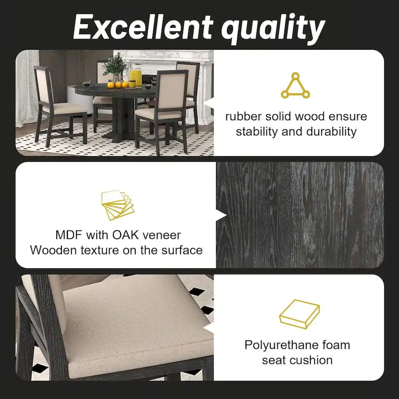5-Piece Dining Set Extendable Round Table and 4 Upholstered Chairs Farmhouse Dining Set for Kitchen, Dining Room