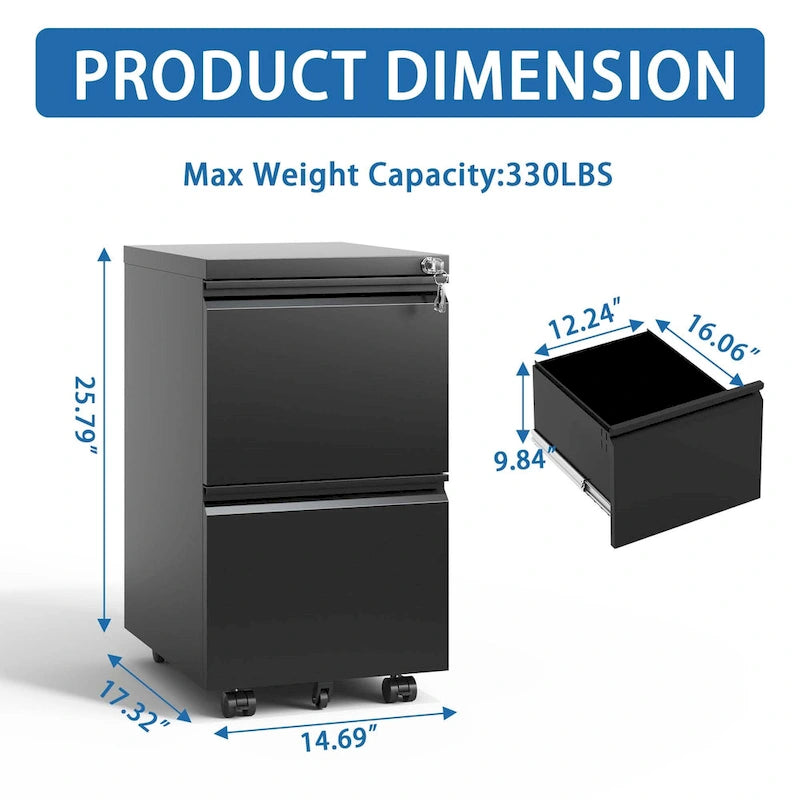 2 Drawer Metal Mobile File Cabinet,Rolling File Cabinet with Lock for Hanging Legal/Letter/A4 Size,Fully Assembled Except Wheels
