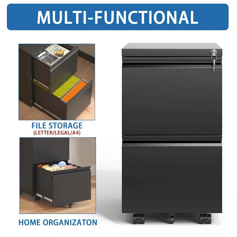 2 Drawer Metal Mobile File Cabinet,Rolling File Cabinet with Lock for Hanging Legal/Letter/A4 Size,Fully Assembled Except Wheels