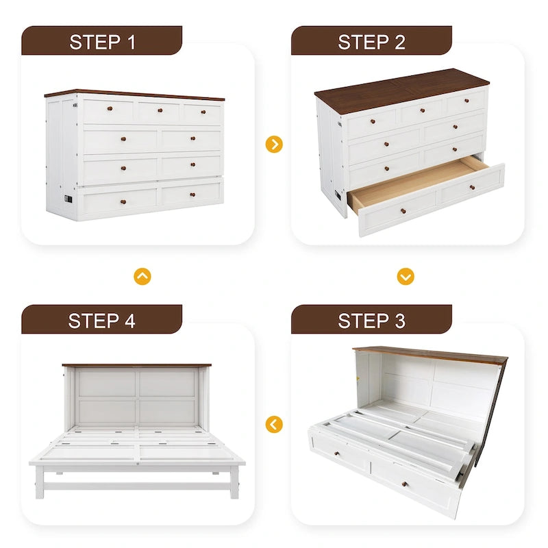 Solid Pine Murphy Bed Chest with Charging Station and Large Storage Drawer