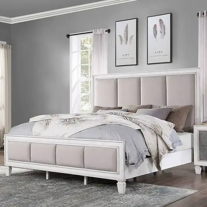 Linen Upholstered Bed in Light Gray and Weathered White