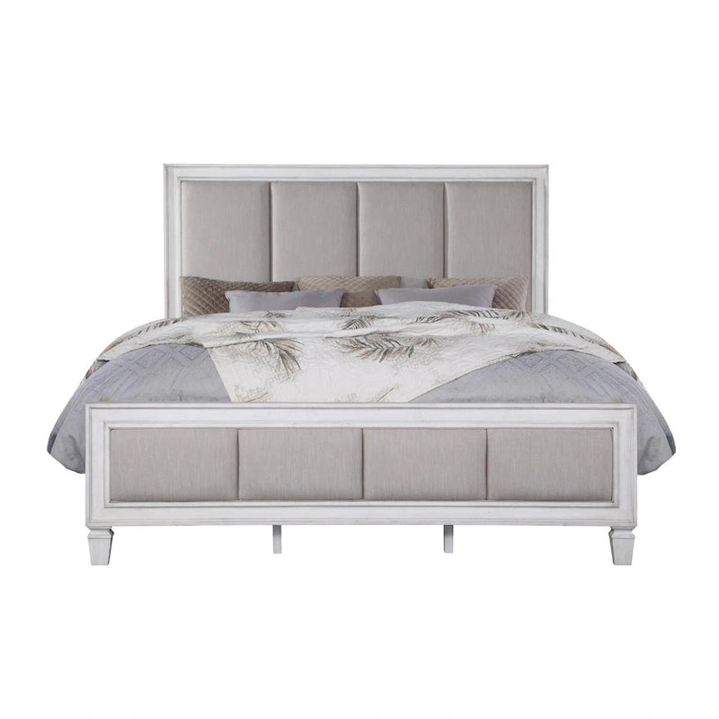 Linen Upholstered Bed in Light Gray and Weathered White