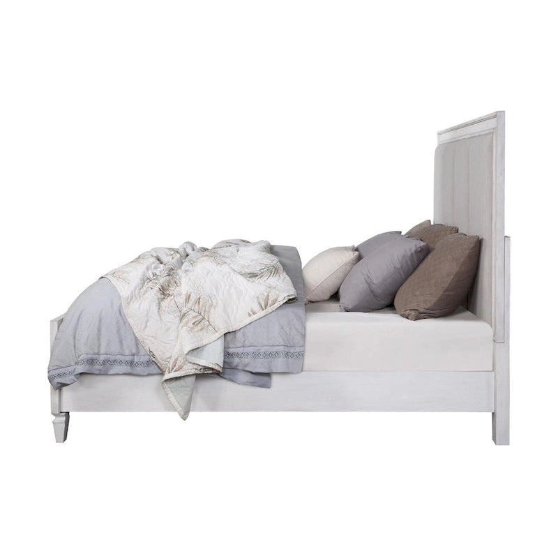 Linen Upholstered Bed in Light Gray and Weathered White